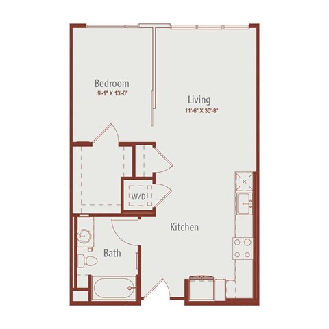 Floor plan for 1 bed, 1 bath, 690 sqft